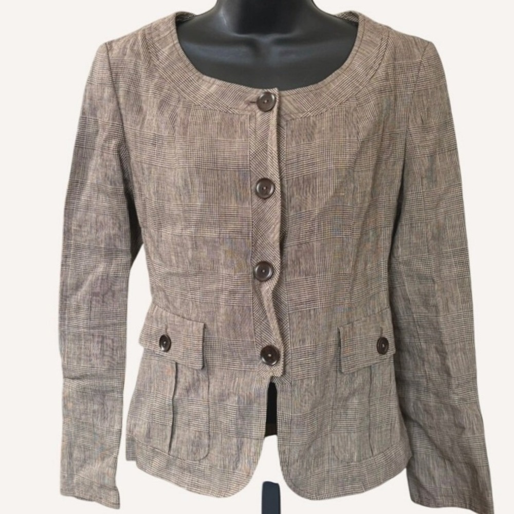 Vintage 90s MaxMara‎ 100% Linen Blazer Sz 2 Made in Italy Brown Check Old Money